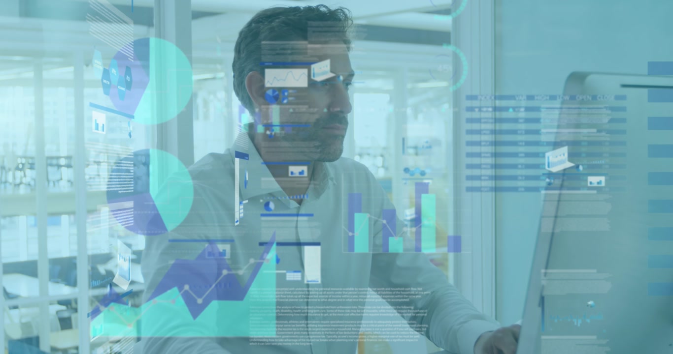 Animation of statistical data processing against caucasian man using computer at office