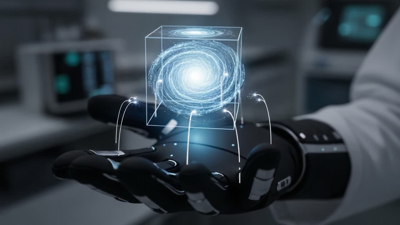 A High-Tech Glove Manipulating a Holographic Cube Representing a Galaxy, Showcasing Advanced Technology and Futuristic Concepts in a Scientific Environment