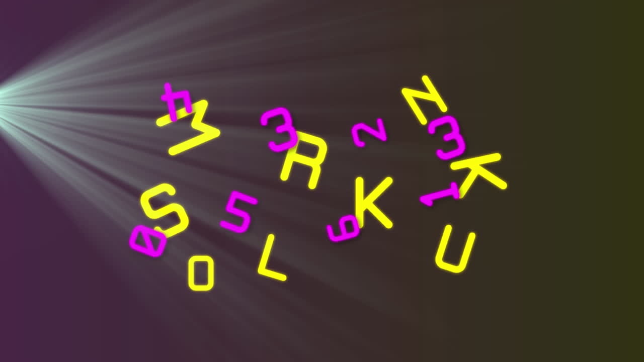 Animation of changing pink numbers and yellow letters over lightbeam on black background