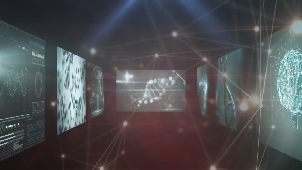 animación de una red de conexiones brillantes contra pantallas con procesamiento de datos médicos.