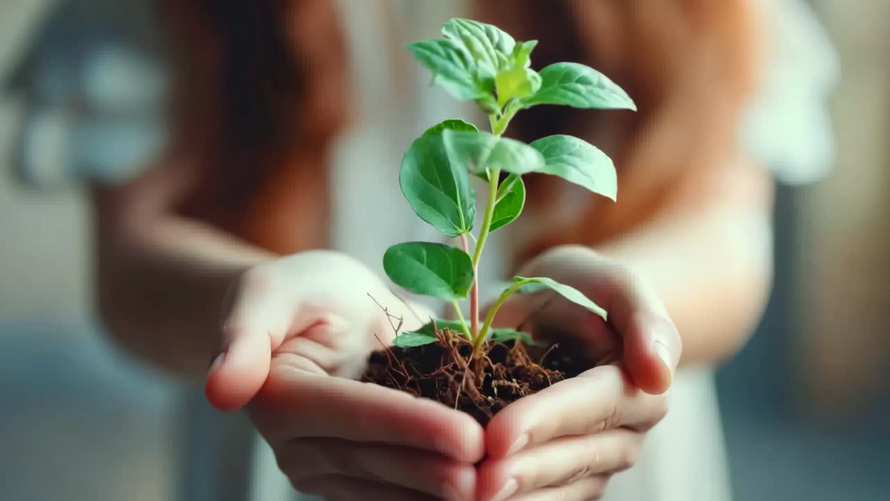 una mujer sosteniendo una pequeña planta en sus manos