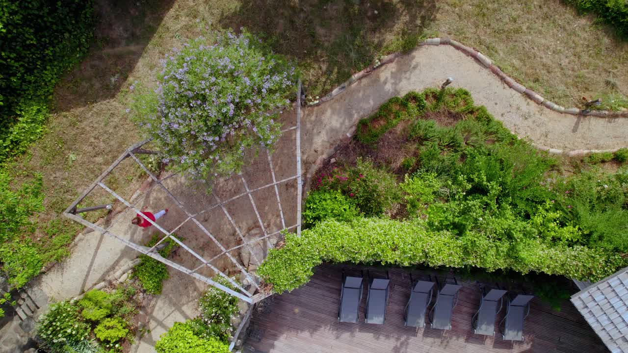 mujer vista desde arriba caminando por un sendero de jardín en una villa francesa con insectos volando a la vista, vista superior aérea seguir tiro
