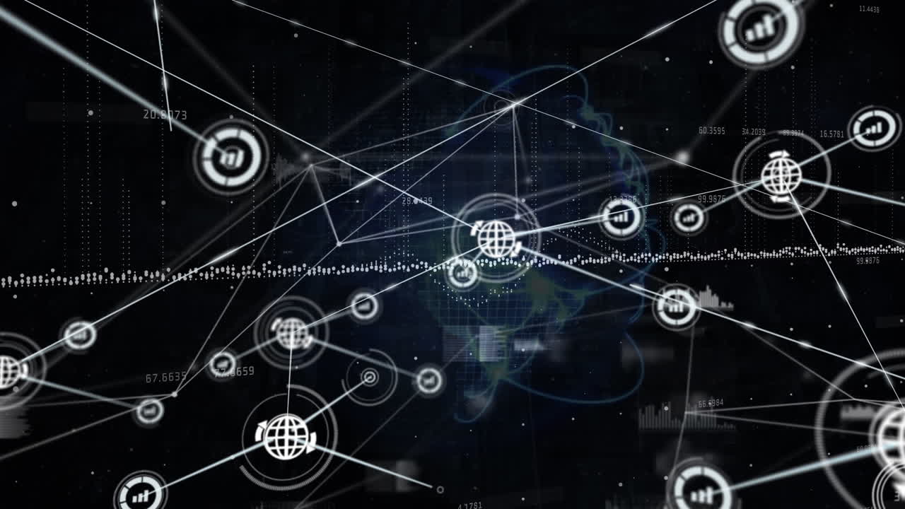 Animation of network of digital icons and data processing against light trails over spinning globe