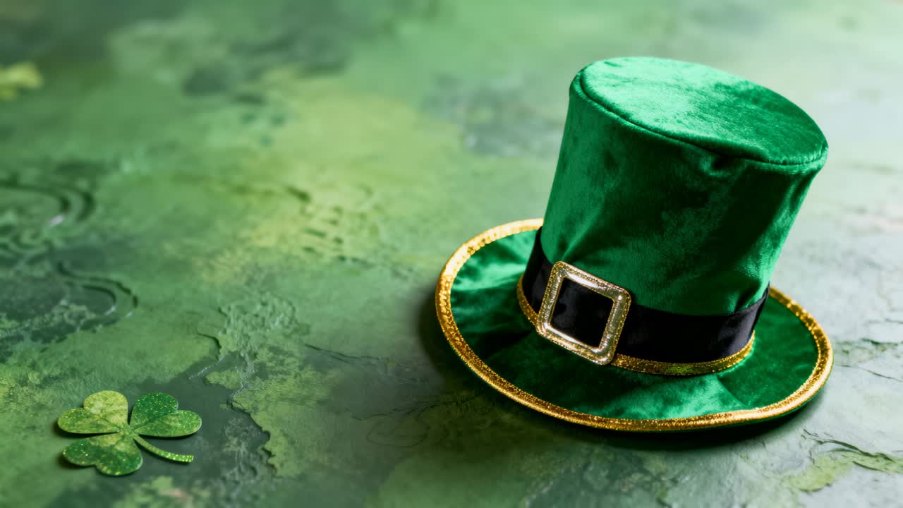Shifting camera zooming in showing right green hat, gold-buckle, shamrock on mat, copy space