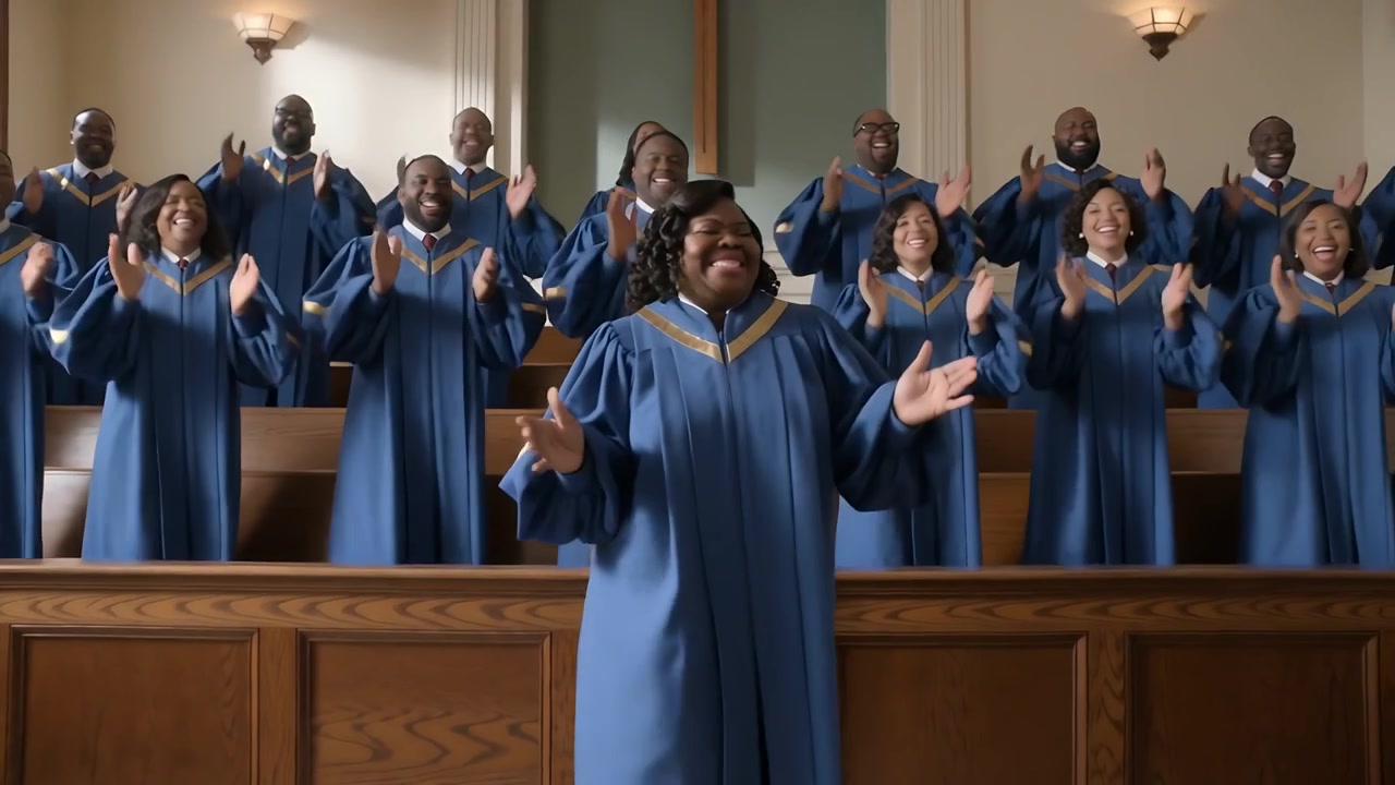 La musica inizia, una guida in vesti blu conduce un coro che canta, applaude e alza le braccia in una chiesa con una croce.