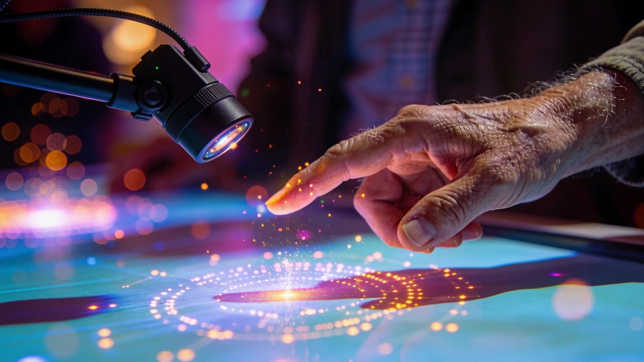 Mano ammanettata che si libra e si avvicina all'interfaccia utente da tavolo in un laboratorio poco illuminato, attivando scintille olografiche con una lampada, spazio per il testo