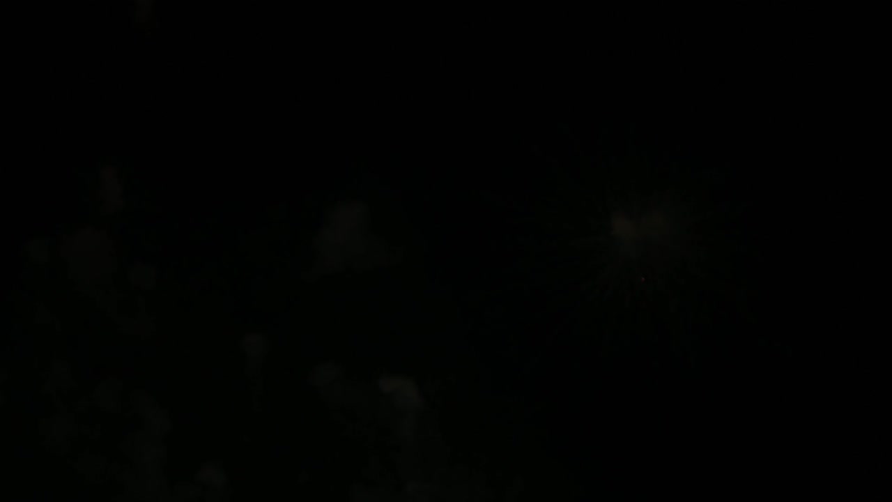 Esplosioni sincronizzate di luci colorate brillanti che risplendono in una notte buia su una spiaggia di una popolare destinazione in Asia.