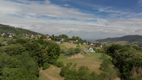 aerial view of german countryside with homes and fields