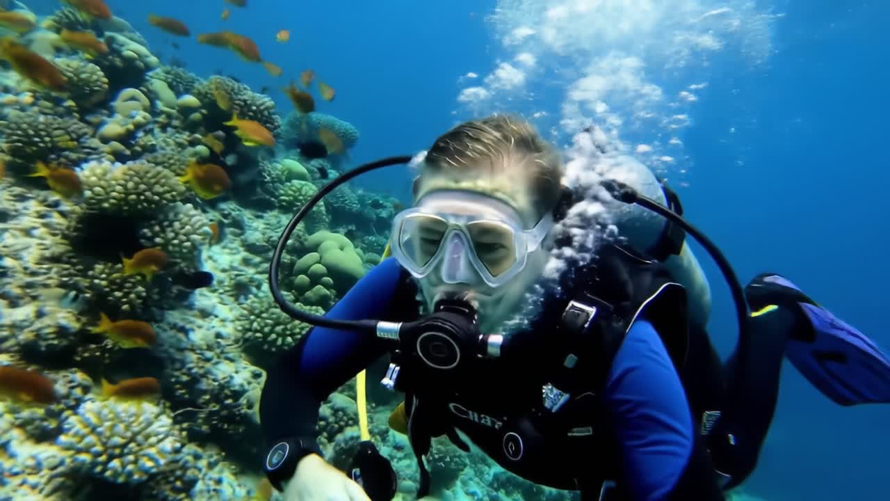 Underwater Exploration: A Diver Interacting with Vibrant Coral Reefs and Marine Life in a Clear Blue Ocean Environment