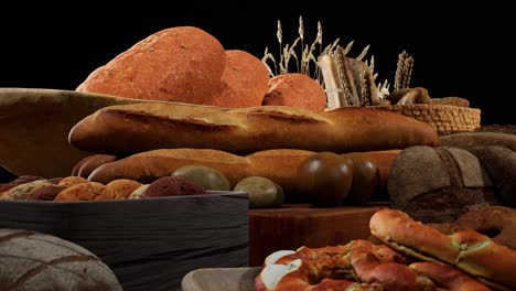 Different Types Of Fresh Bread On Table, Black Background