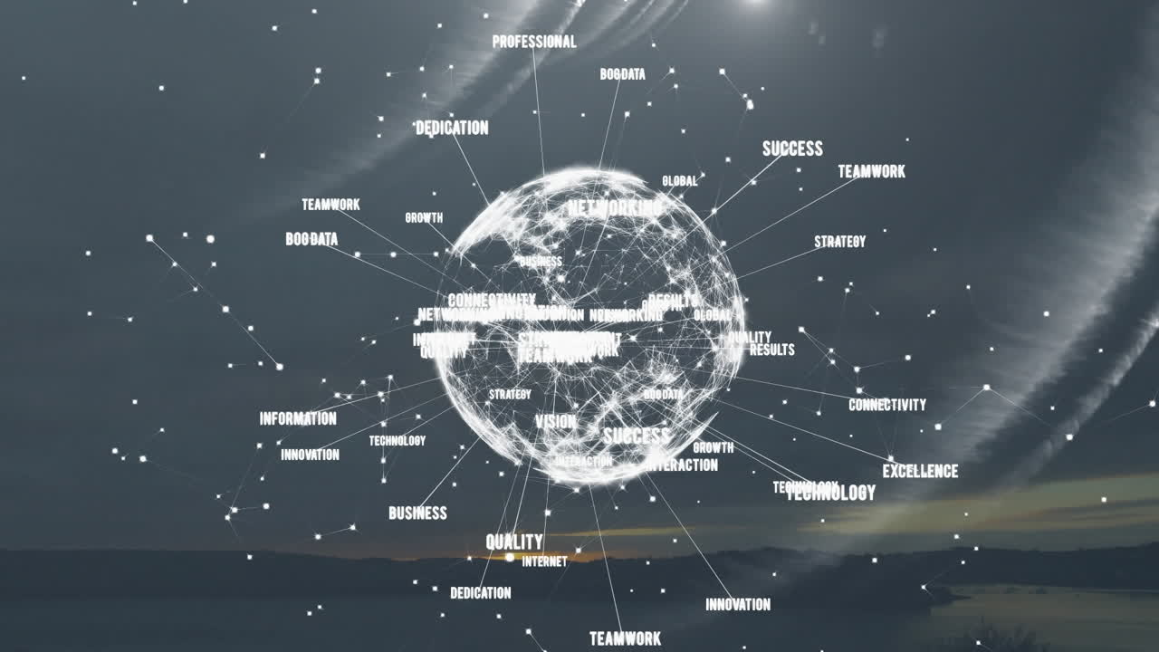 연결과 키워드의 글로벌 네트워크: 저녁에 풍경 위의 애니메이션