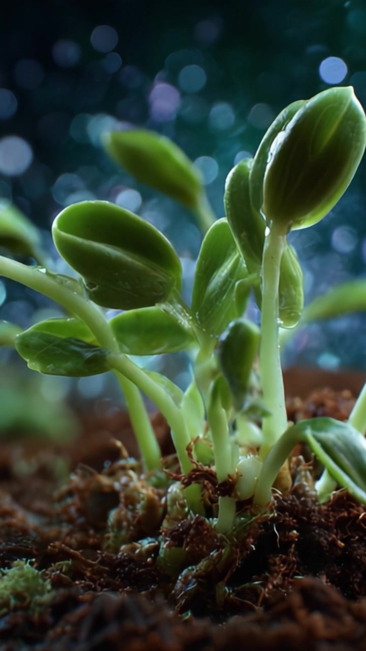 Primo piano di piantine verdi vivaci che emergono da un terreno ricco, circondate da goccioline d'acqua scintillanti sotto uno sfondo colorato e sognante