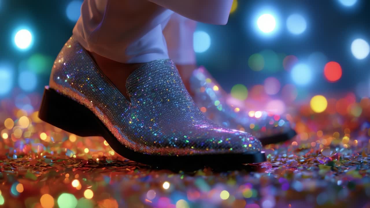 Sparkling shoes adorned with glitter and shimmering lights create a festive atmosphere, captivating viewers with their radiant colors and joyful vibes, highlighting the essence of celebration and elegance