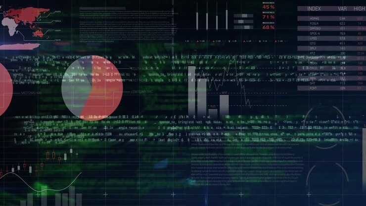 HUD con codice verde scorrevole, grafici a torta mobili, percentuali lampeggianti, codice evidenziato che visualizza i dati