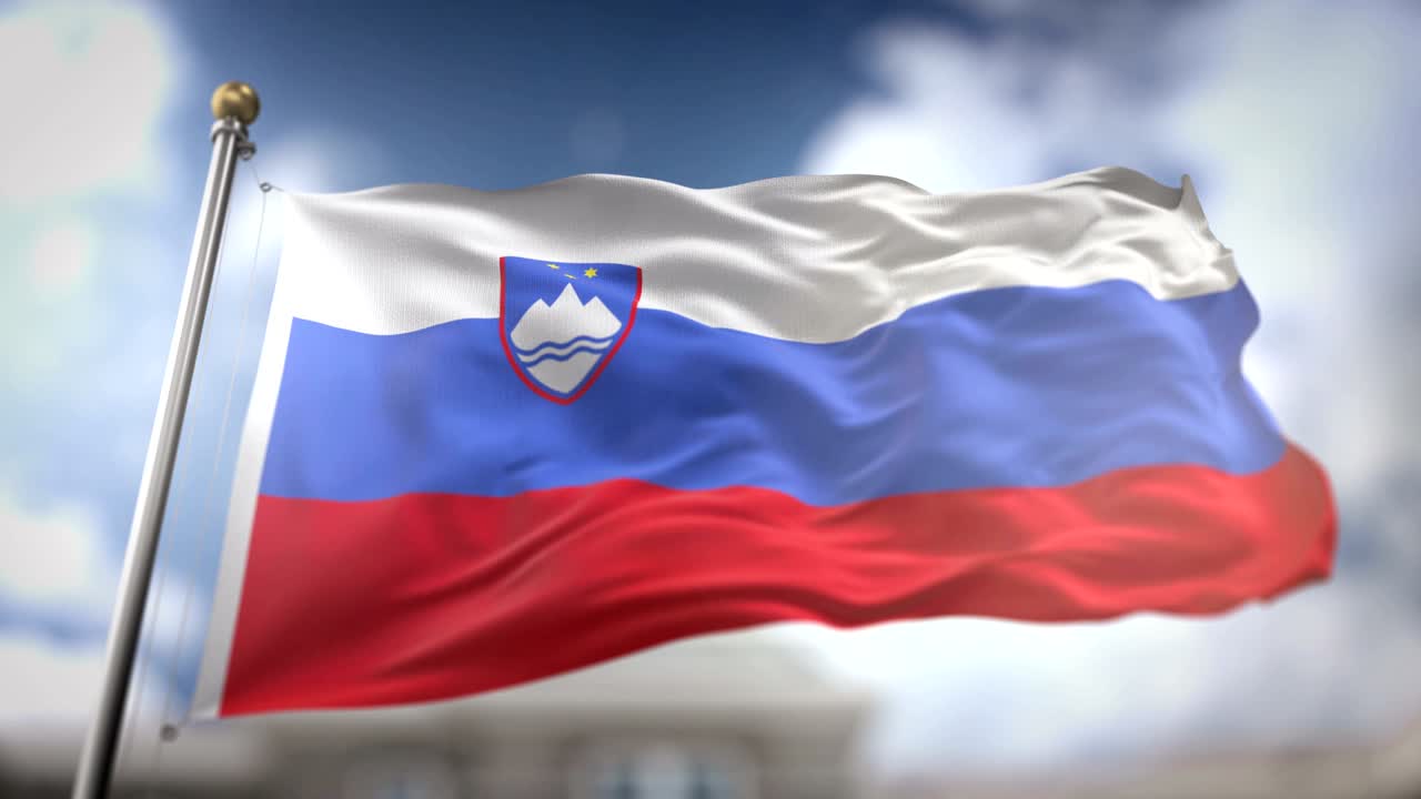 Slovenya Bayrağı Dalgalanıyor Ağır Çekim 3D Modelleme Mavi Gökyüzü Arka Planı - Kesintisiz Döngü 4K
