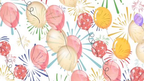 animation of illustration of colourful balloons moving over firework explosions on white background