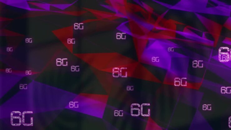 Digital animation af flere 6G tekstbannere mod et plexus-netværk på sort baggrund