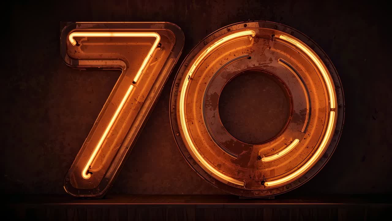 Glowing neon 70 sign reacting to electrical pulse on dark wall, showing rusted housing and wiring