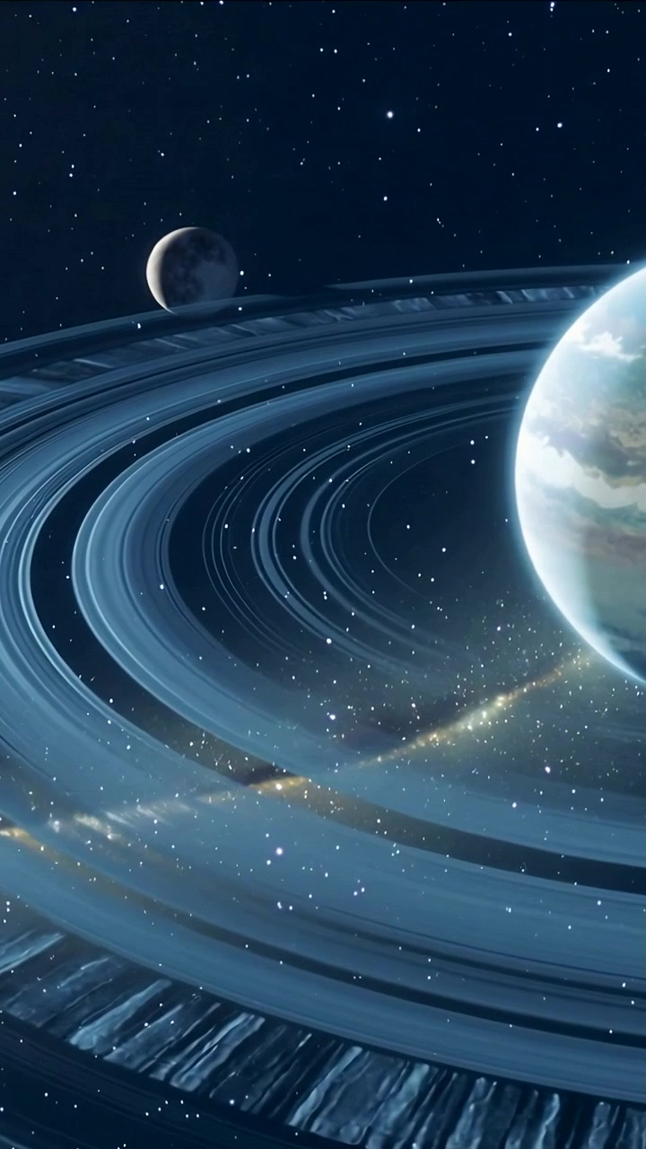 Vertical video: Panning camera revealing ringed gas giant along ringplane, with moon, stars, dust