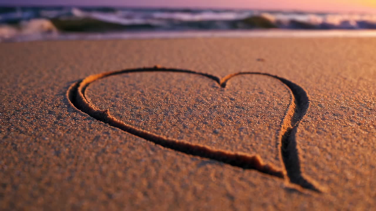 해가 지는 동안 모래에 그려진 심장