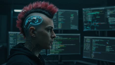 a cyberpunk hacker is deeply engaged in a futuristic, high-tech landscape filled with cutting-edge screens and complex digital codes, creating an atmosphere of intense immersion and technological marvel