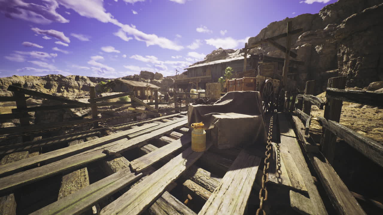 Dusty old wooden platform with a heavy covered item in rugged terrain