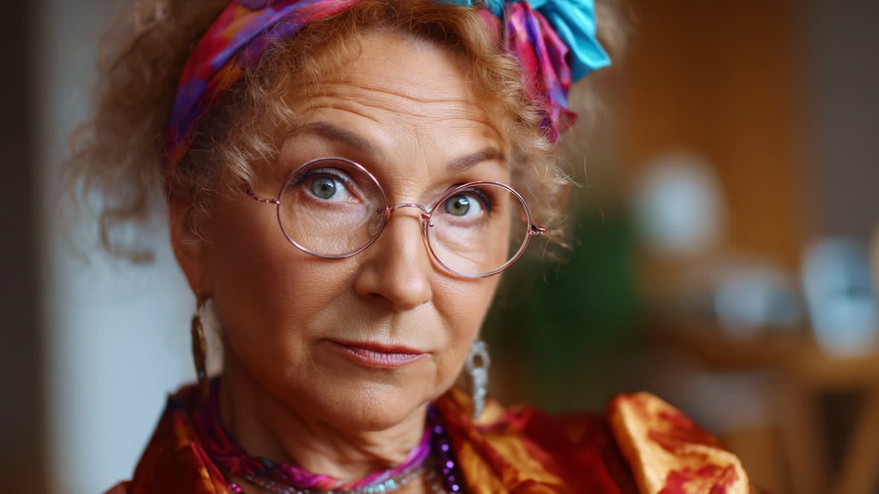 Un ritratto enigmatico di una donna anziana con capelli ricci e accessori colorati, che mette in risalto profondità e personalità attraverso un'espressione e uno stile sottili