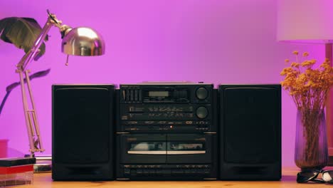 retro radio tape recorder, audio cassette close-up. listening to music, old radio boom box player, macro of vintage music listening. . high quality 4k footage