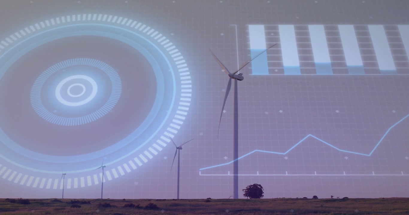Alta turbina eolica che gira mentre il vento aumenta e HUD olografici che mostrano dati di performance in tempo reale