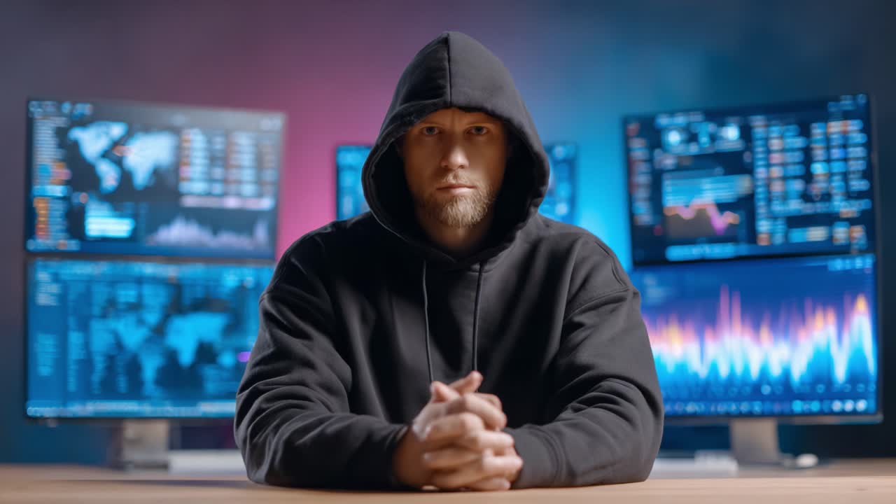 Mysterious figure in a hoodie focused on multiple screens displaying financial data, embodying the essence of digital analysis and the quest for financial insight