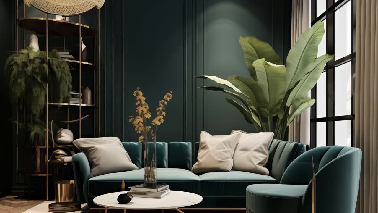 Verdant living space showcasing plush green velvet sofa, expansive window flooding room with natural light, verdant houseplants complementing elegant design aesthetic