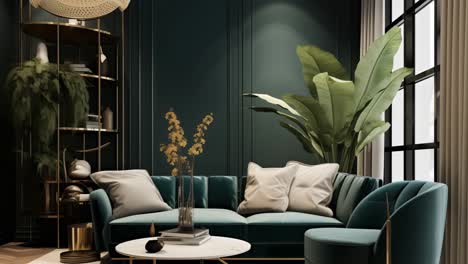verdant living space showcasing plush green velvet sofa, expansive window flooding room with natural light, verdant houseplants complementing elegant design aesthetic