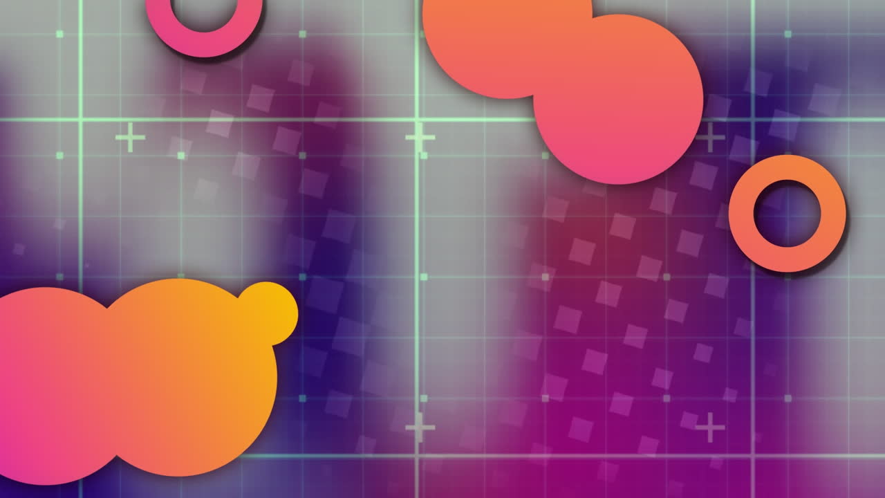 Animation of abstract shapes floating over grid network against purple gradient background