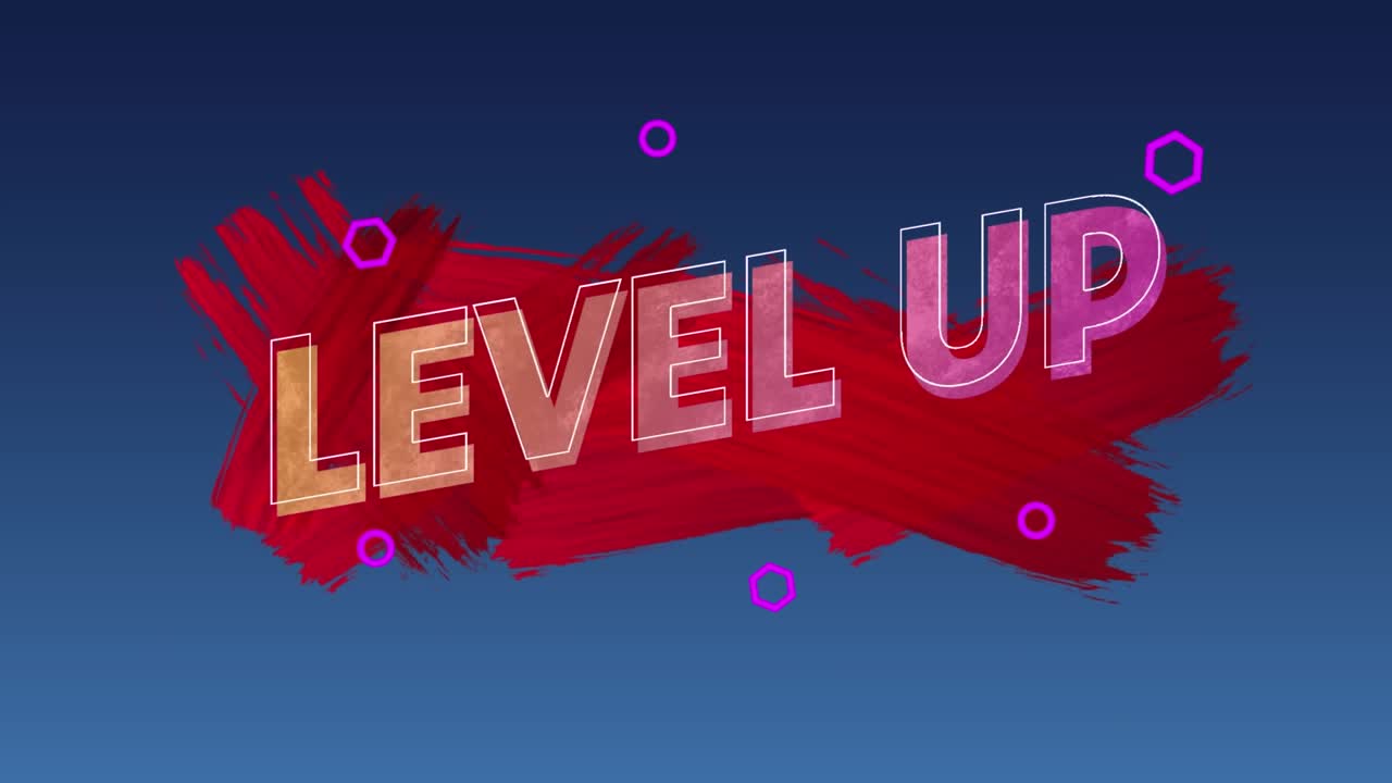 Animation of level up text over shapes on blue background