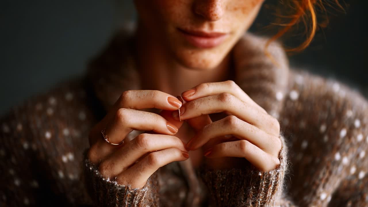 A Close-Up Capture of an Expressive Moment: A Young Woman with Freckles, Wearing a Cozy Sweater, Gently Holding Her Hands Together, Evokes Emotion and Introspection