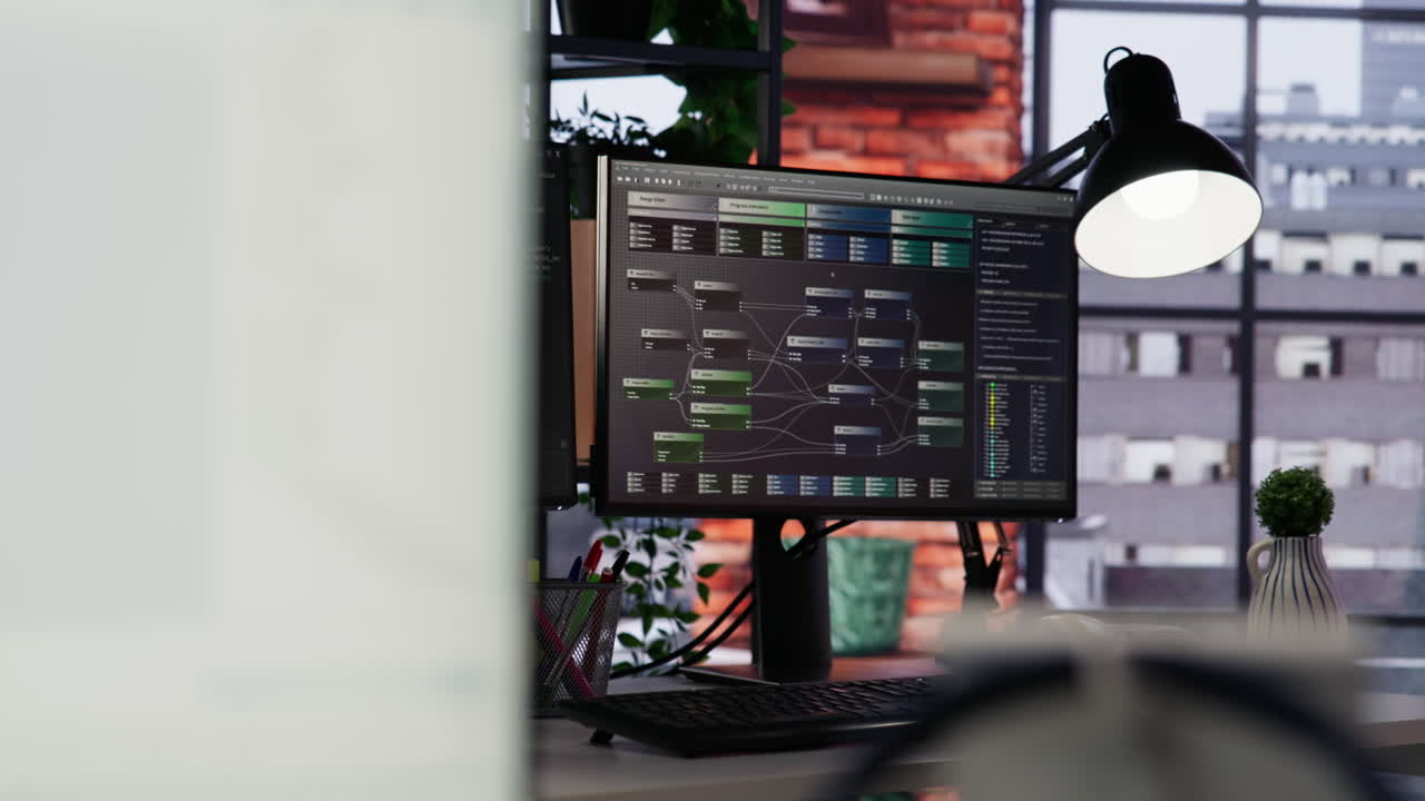 Empty AI industry startup workplace leveraging machine learning technology