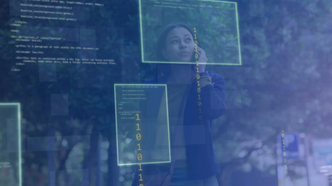 Woman walking road taking work call, code overlays animating around her, receding as camera zooming