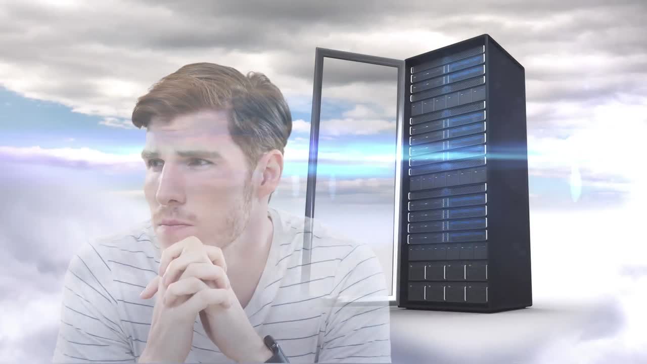 Animation of data processing over businessman and computer server