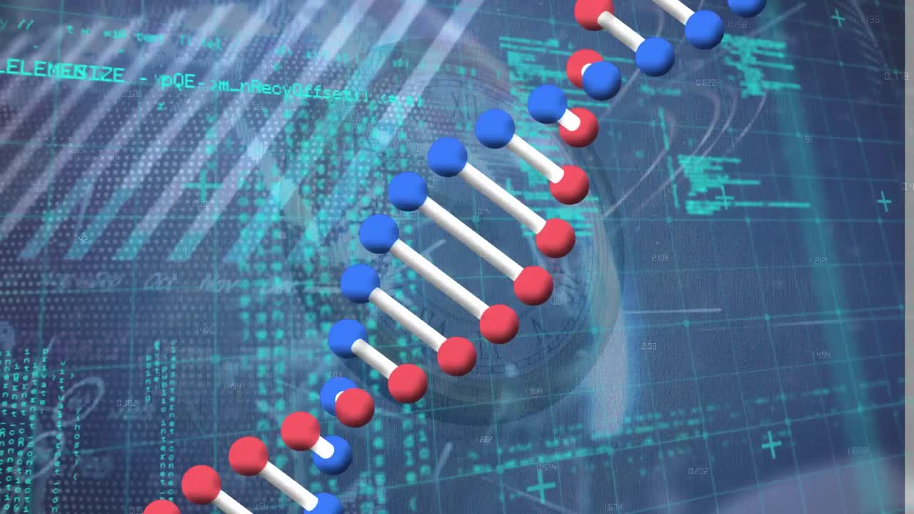 Animation of dna struture spinning over grid network against data processing on blue background