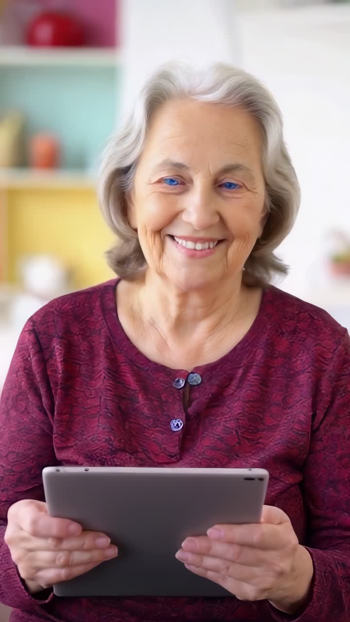 Smiling older woman with gray hair using a tablet at home.
