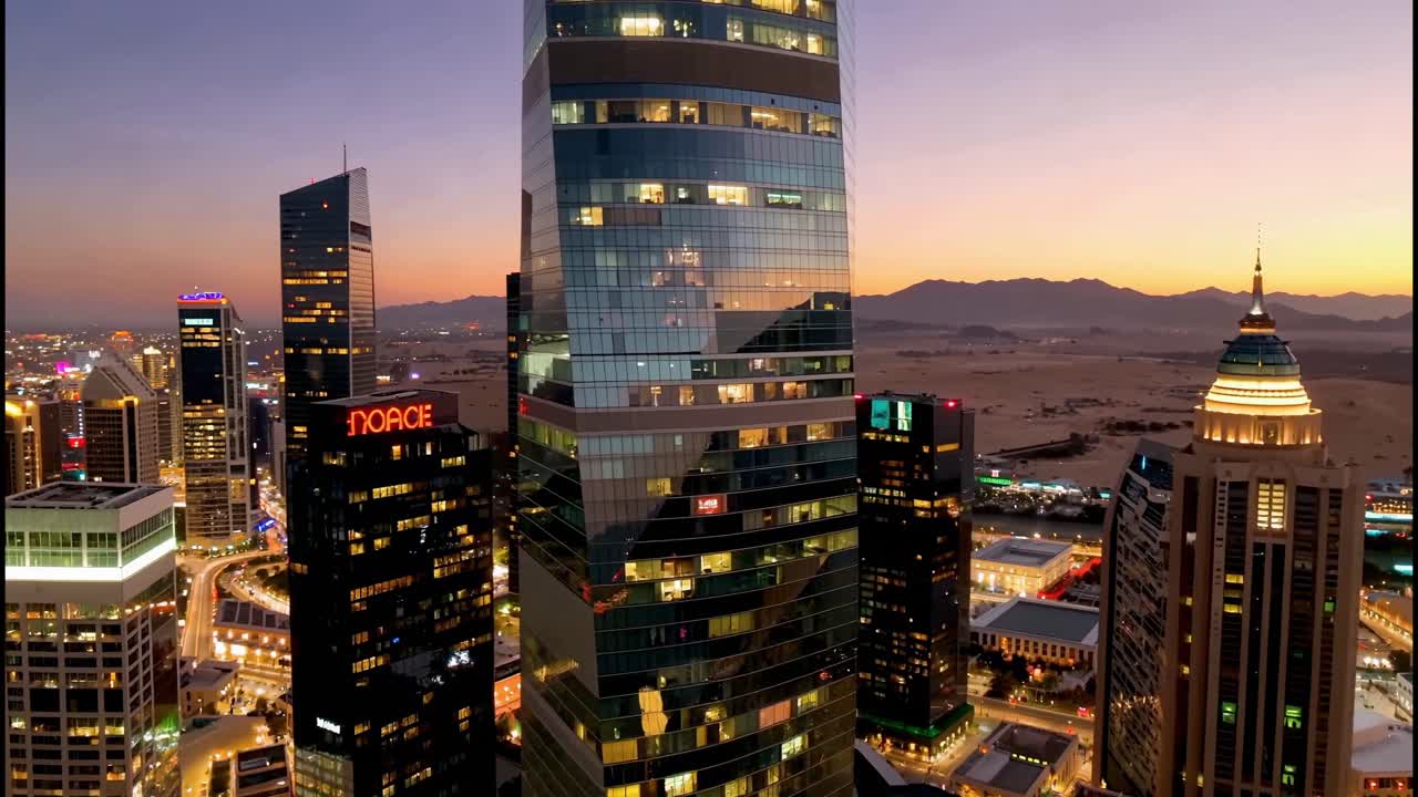 Modern skyscrapers at sunset in cityscape