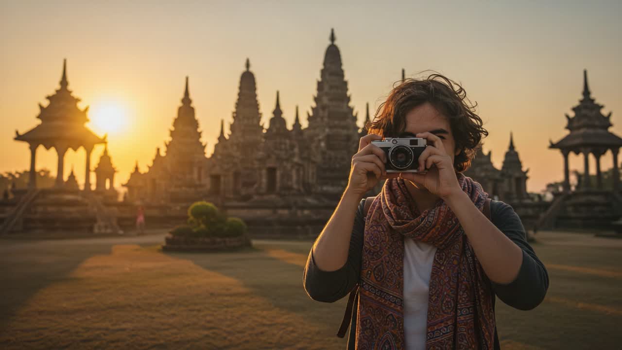 Capturing Moments: A Photographer Silhouetted Against the Stunning Backdrop of Ancient Temples at Sunset, Fusing Culture and Creativity in Every Click