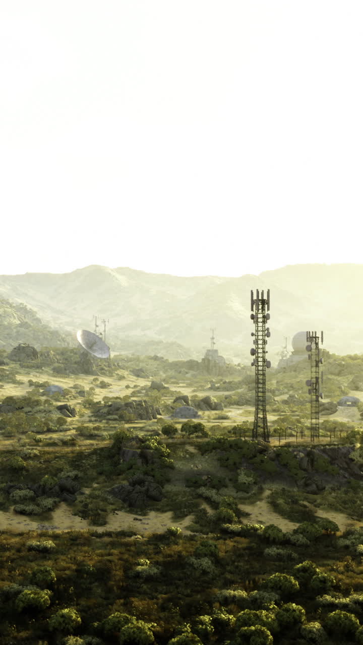 Landscape featuring communication towers and satellite dishes in a desert area