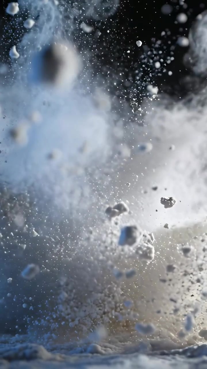 Video verticale: Polvere e rocce che vengono espulse e si sollevano da terra dopo un impulso dal basso, zolle che ricadono ad arco