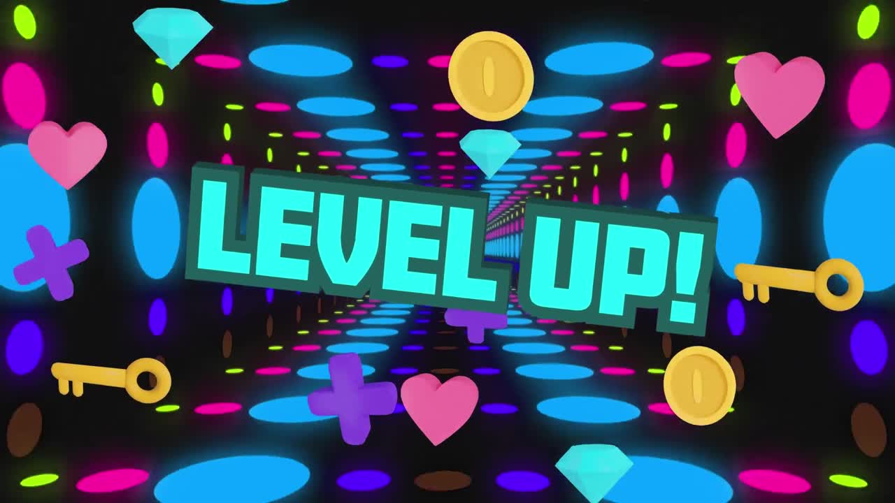 검은색 배경의 다채로운 모양 위에 아이콘으로 레벨 업 텍스트의 애니메이션