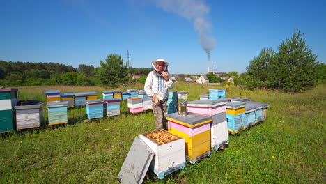 apiary on industrial factory background. beekeeper in protective hat works on the apiary in bright summer day. beehives in the countryside.