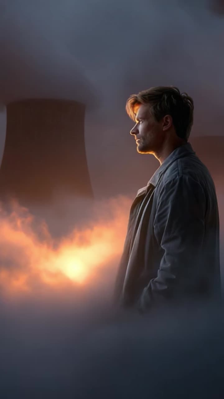A contemplative figure stands against a backdrop of industrial smokestacks, shrouded in mist and illuminated by a warm glow, reflecting deep thoughts about the environment
