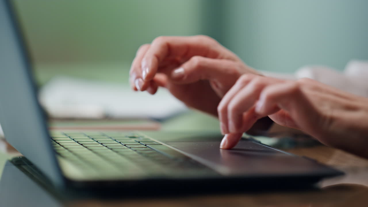 Lady hands texting laptop keyboard office closeup. Unknown businesswoman working
