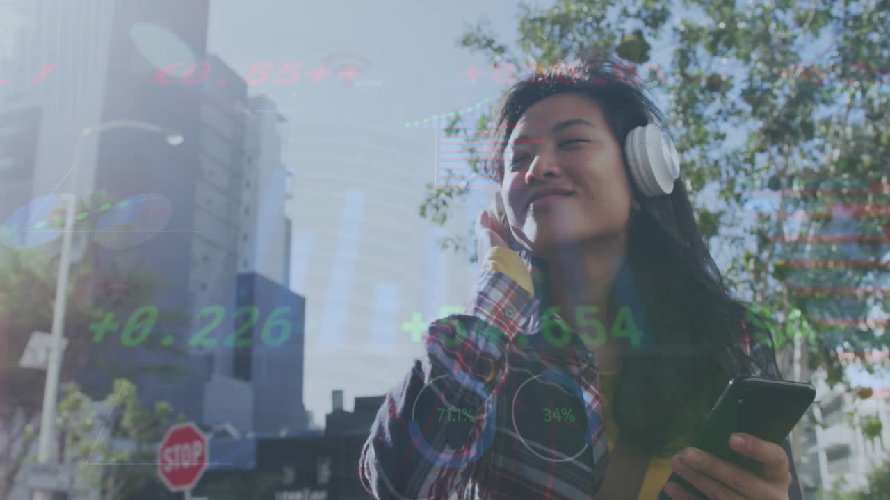 Animación de procesamiento de datos financieros sobre mujer con auriculares