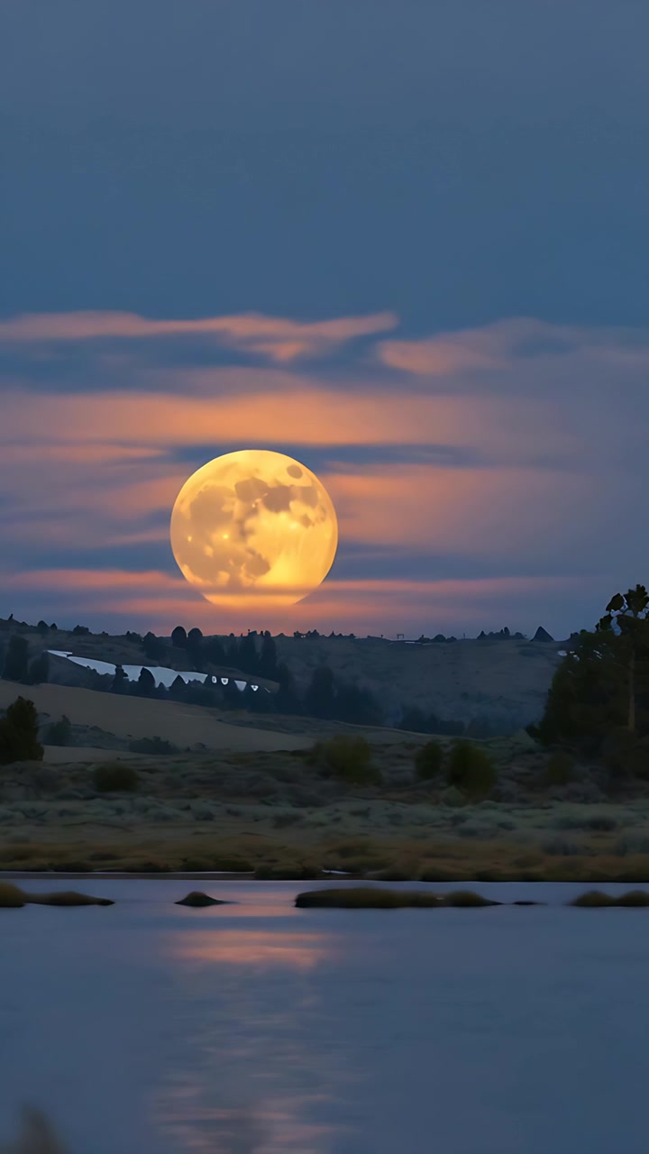 Vídeo vertical: Lua cheia nascendo acima da crista ao anoitecer, com nuvens flutuando e lagoa refletindo